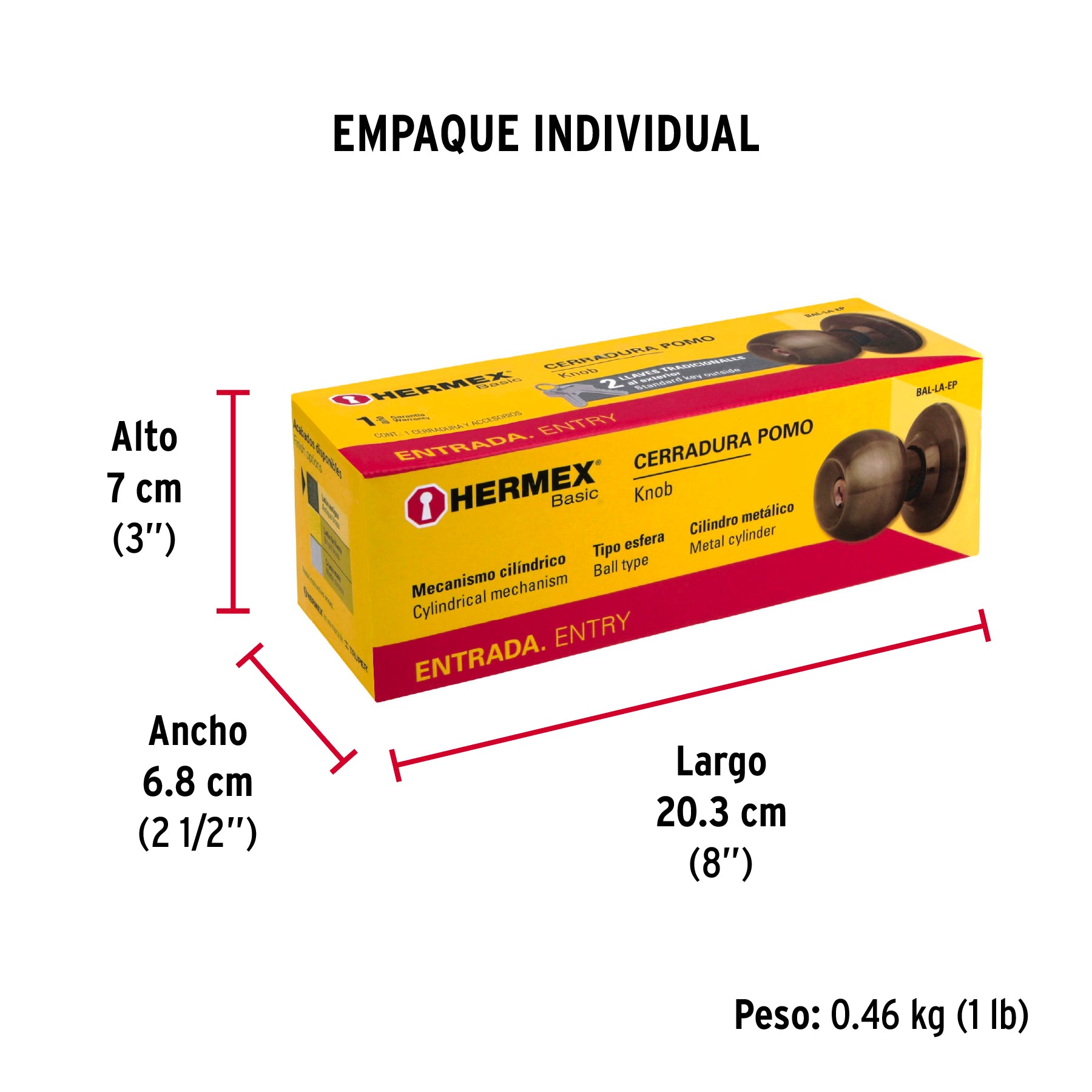 Cerradura pomo, LA, entrada, cilíndrica, Hermex Basic