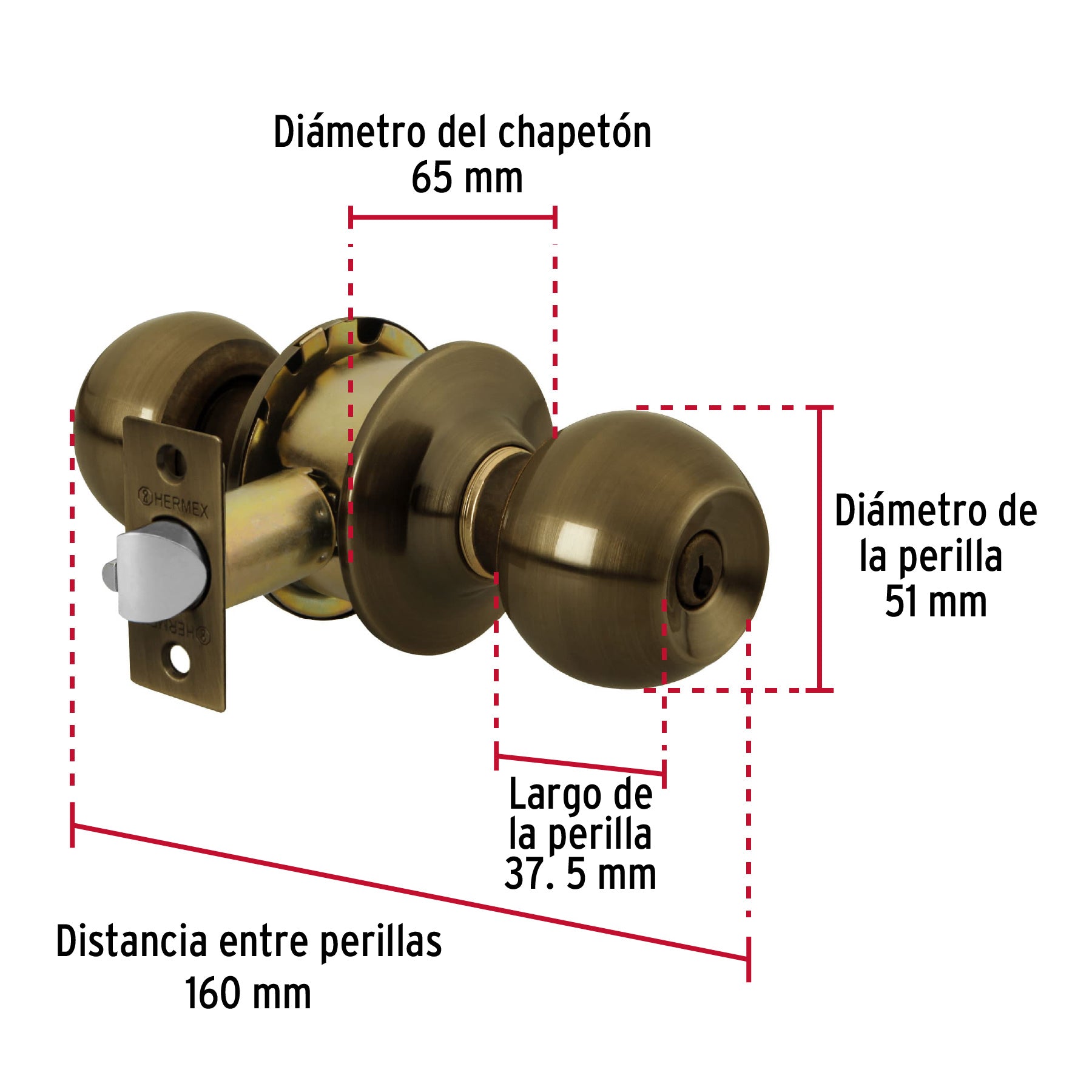 Cerradura pomo, LA, recámara, cilíndrica, Hermex Basic