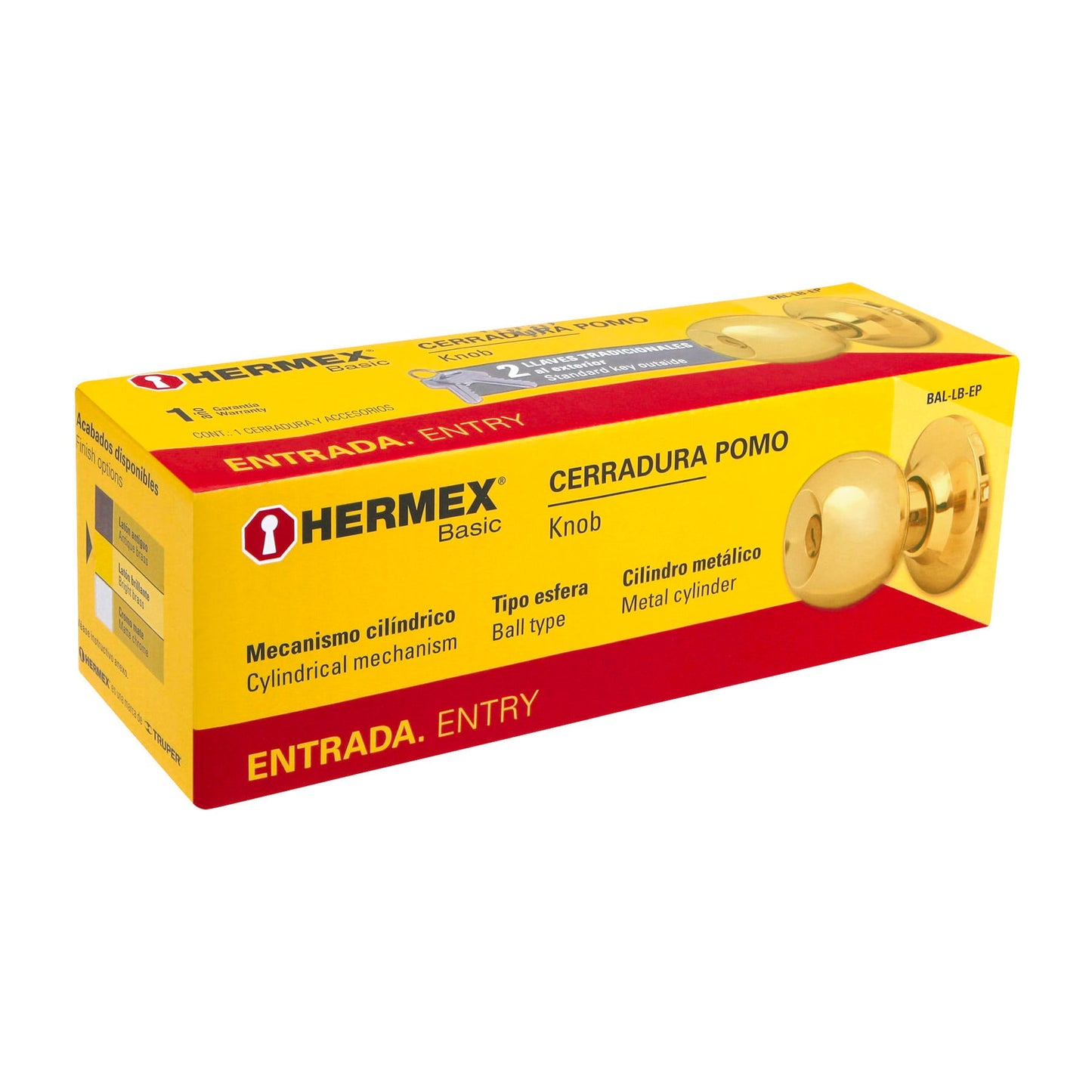 Cerradura pomo, LB, entrada, cilíndrica, Hermex Basic
