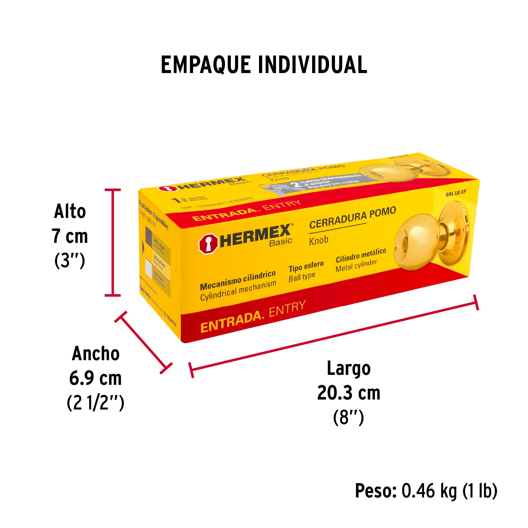 Cerradura pomo, LB, entrada, cilíndrica, Hermex Basic