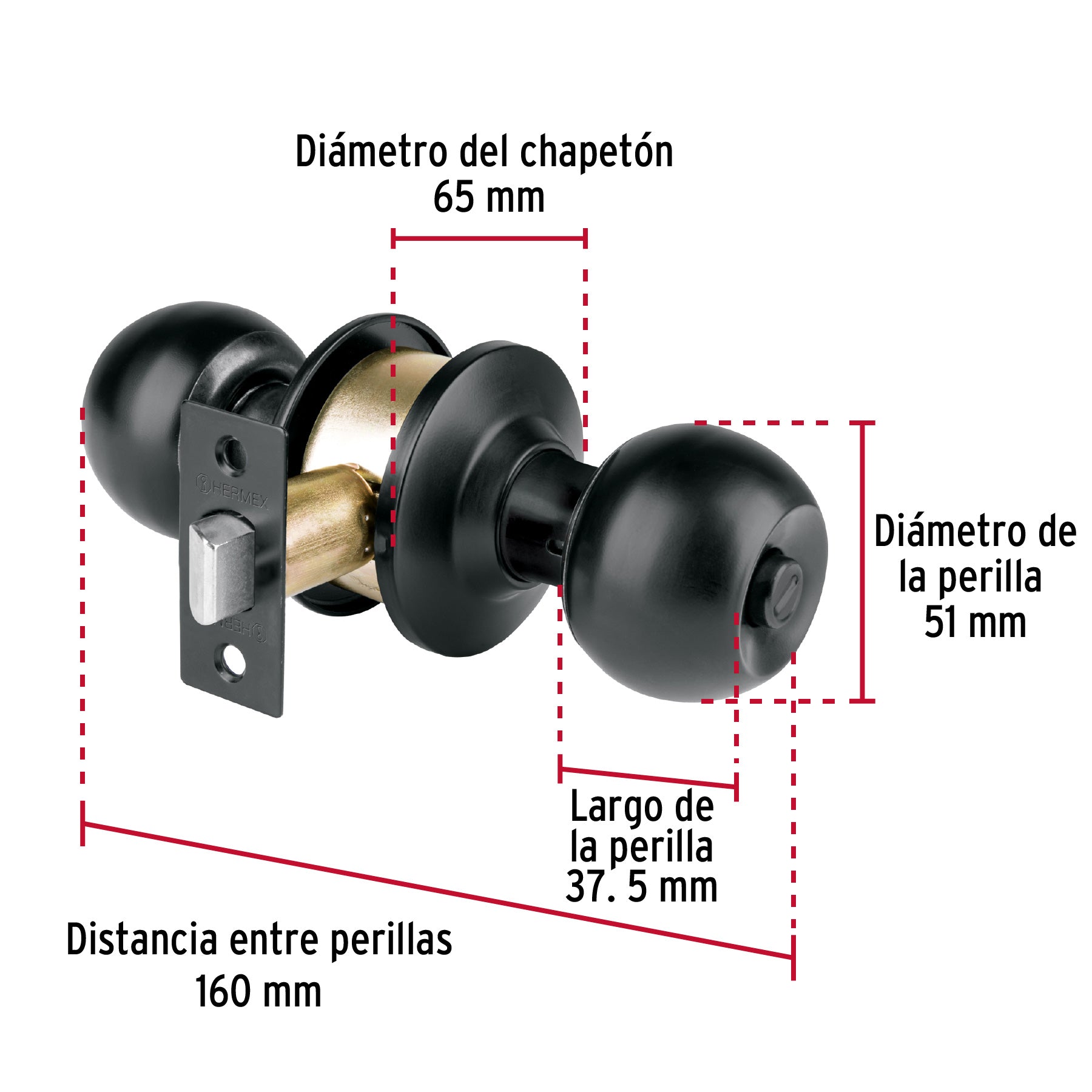 Cerradura tipo esfera, cilíndrico, baño, negro, Basic