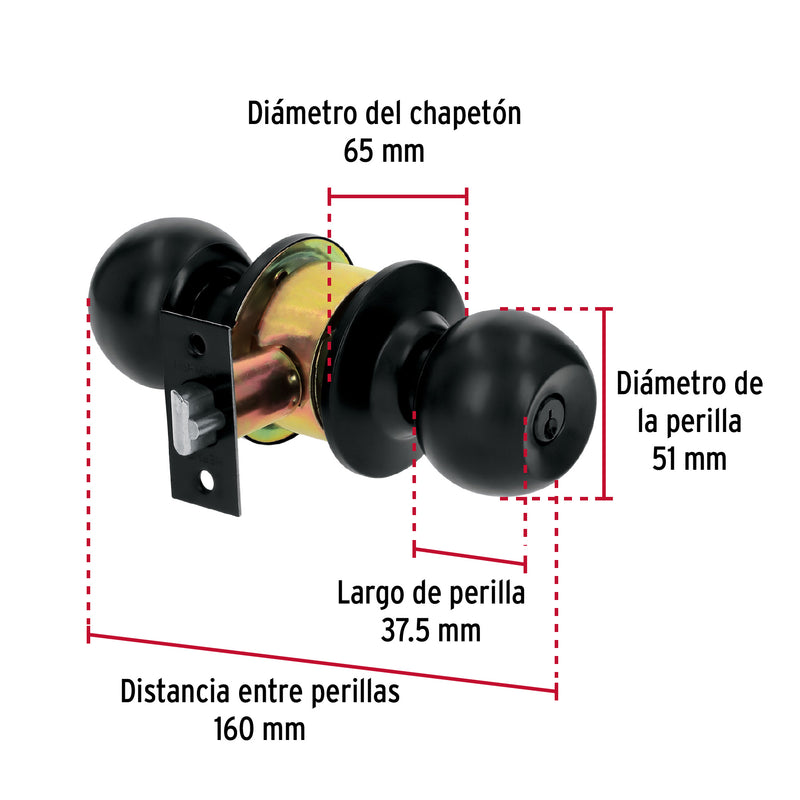 Cerradura tipo esfera, cilíndrico, recámara, negro, Basic