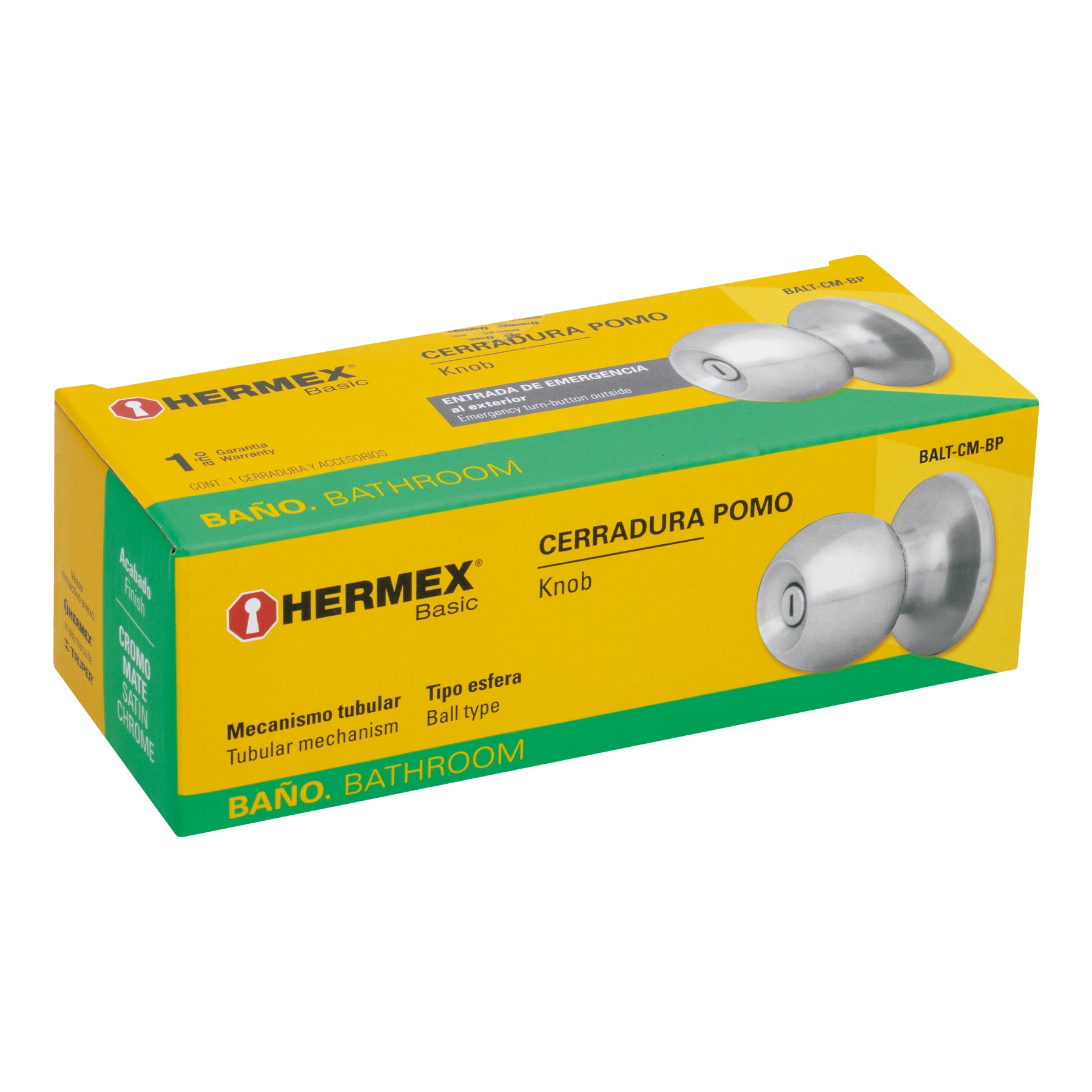 Cerradura pomo, CM, baño, tubular, Hermex Basic