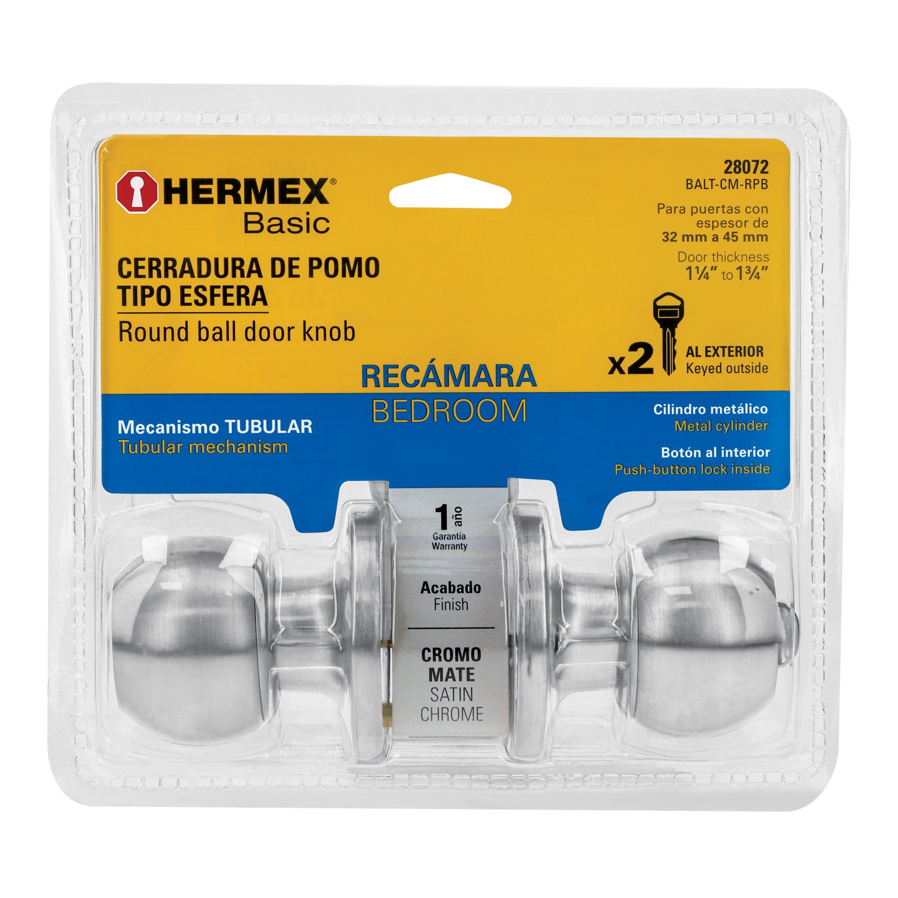 Cerradura esfera,tub,rec,cromo, Basic,blister