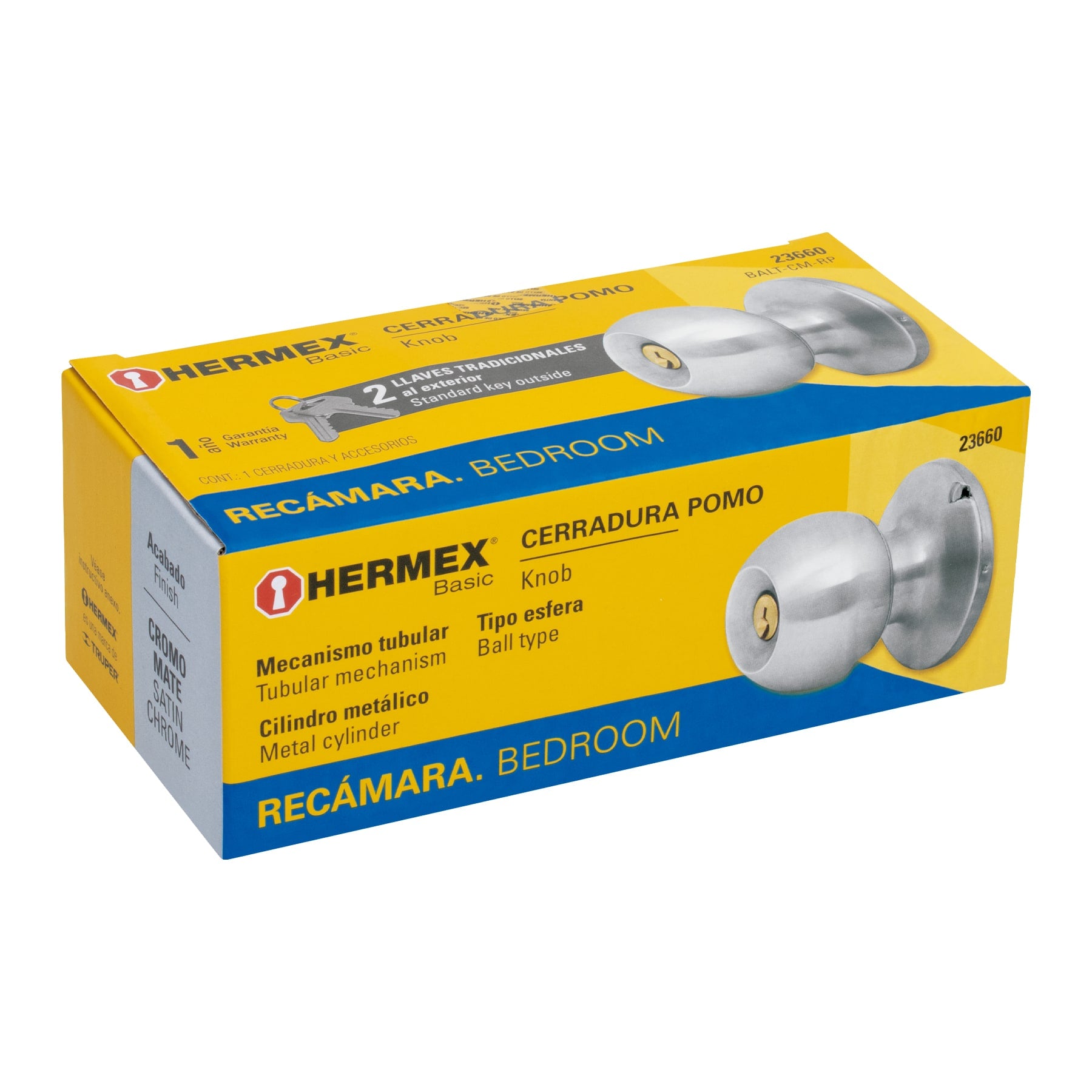 Cerradura pomo, CM, recámara, tubular, Hermex Basic
