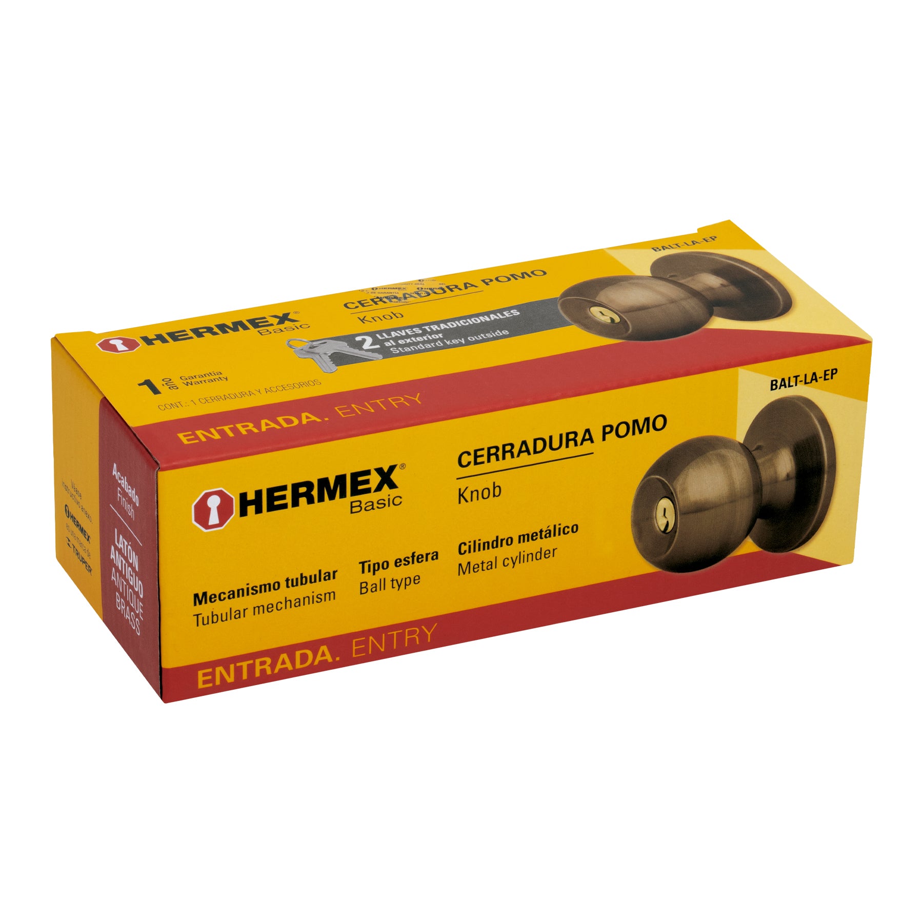 Cerradura pomo, LA, entrada, tubular, Hermex Basic