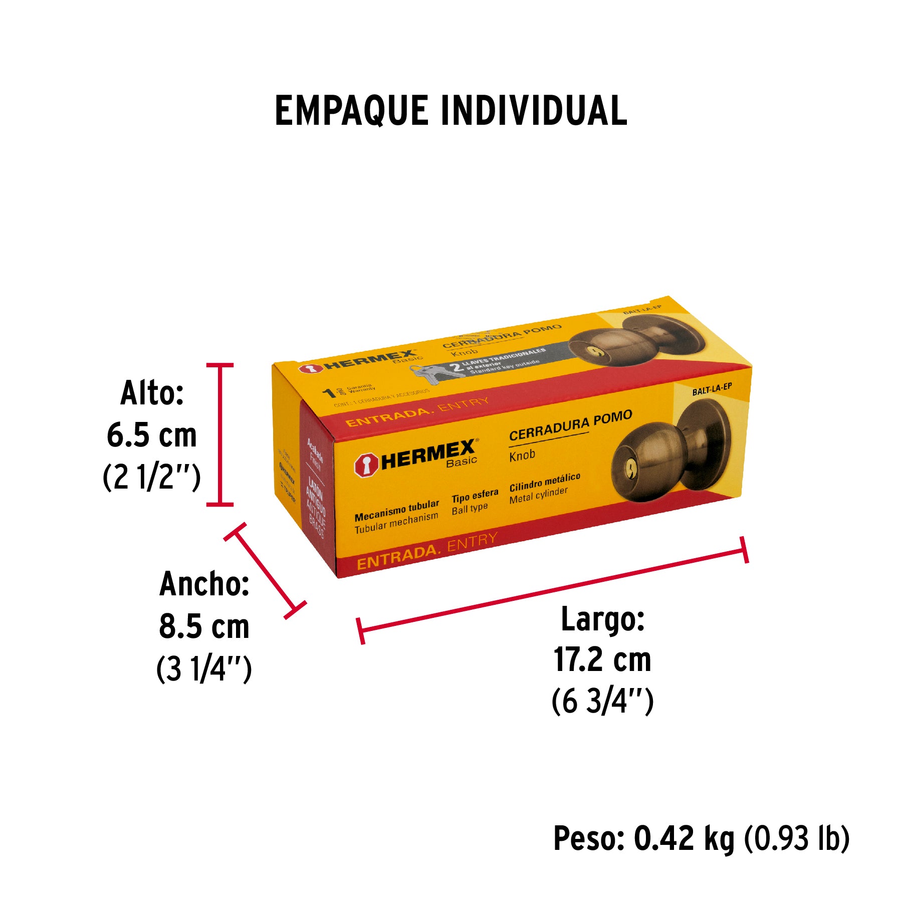 Cerradura pomo, LA, entrada, tubular, Hermex Basic