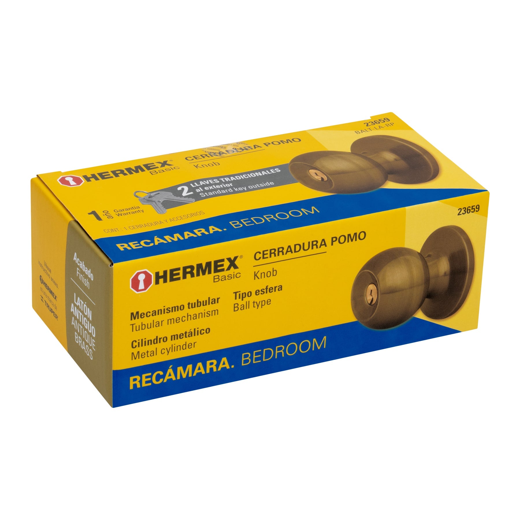 Cerradura pomo, LA, recámara, tubular, Hermex Basic