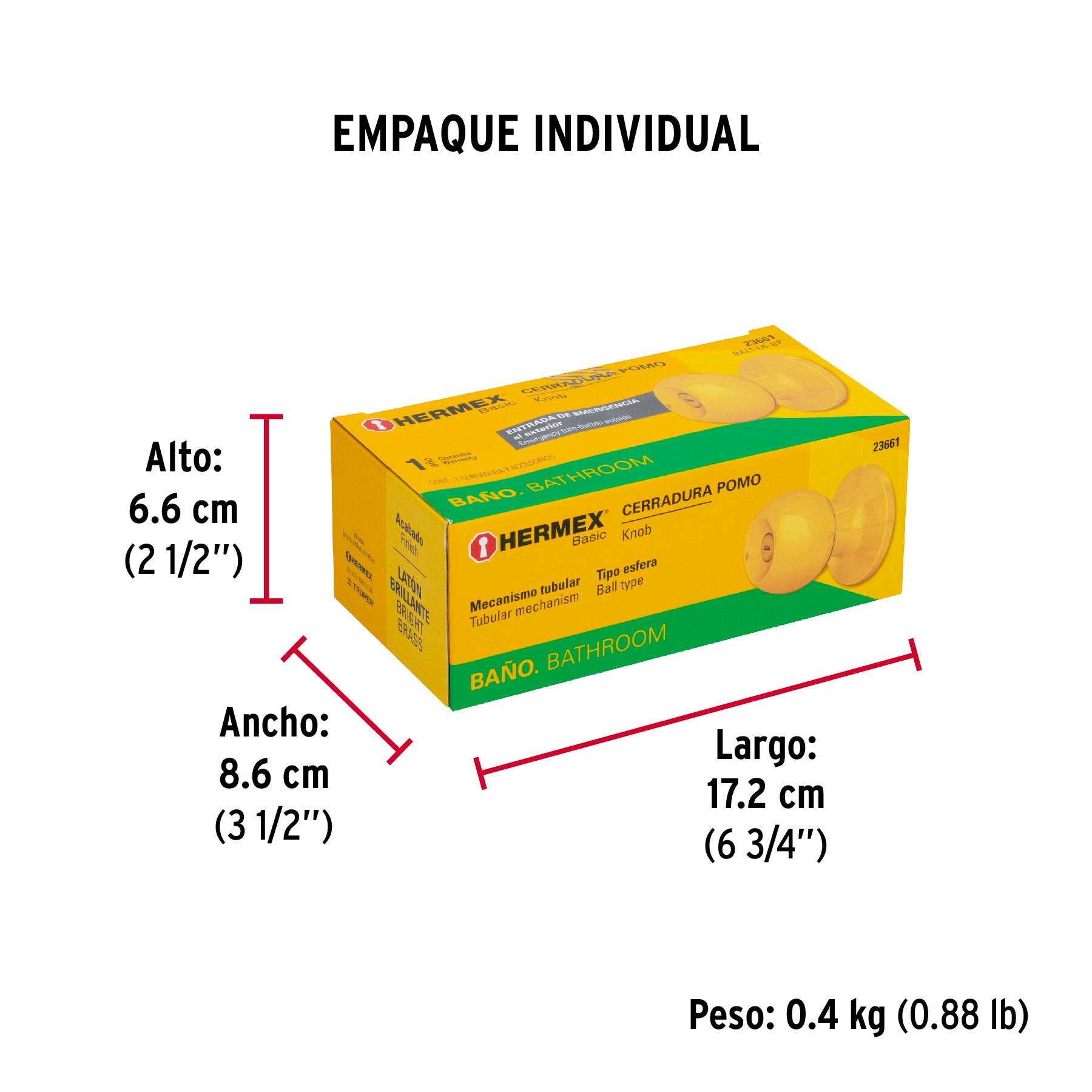 Cerradura pomo, LB, baño, tubular, Hermex Basic