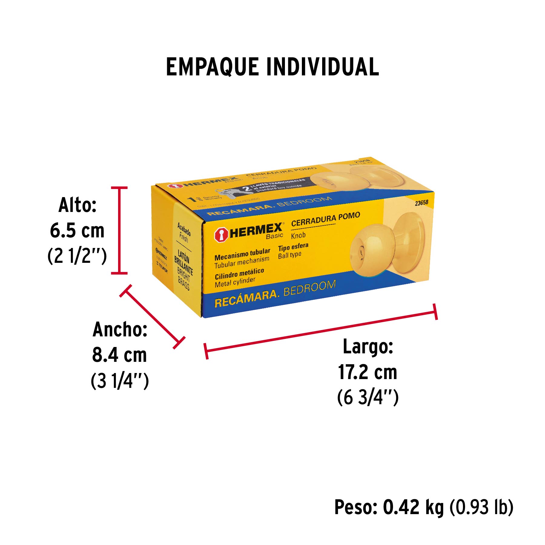 Cerradura pomo, LB, recámara, tubular, Hermex Basic