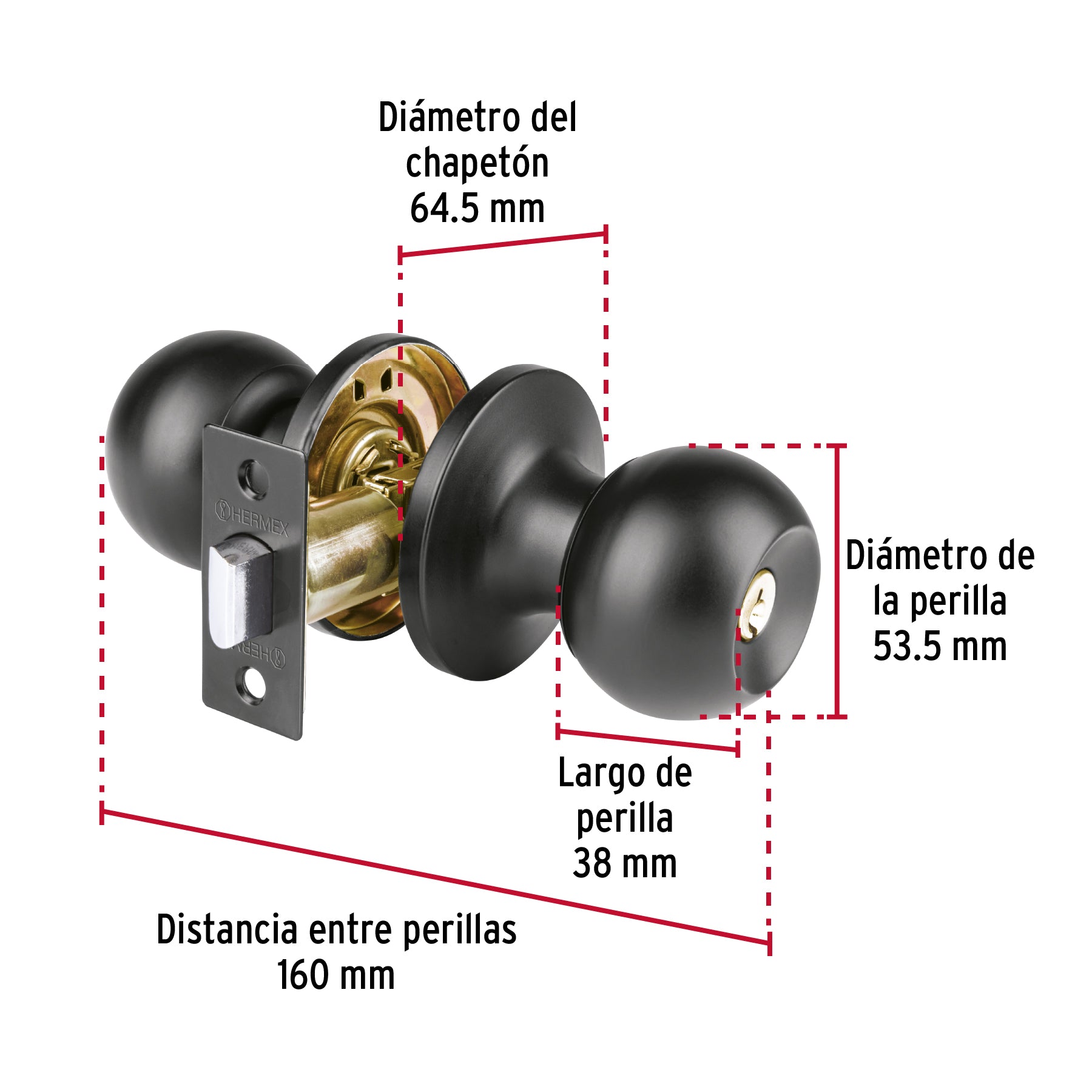Cerradura esfera tubular, baño, negro, Hermex Basic