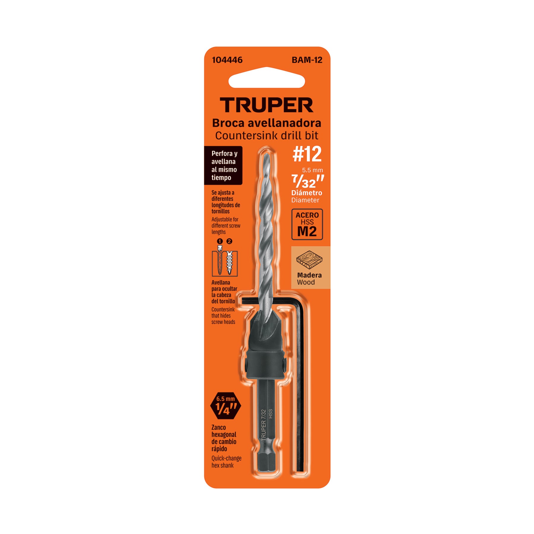 Broca avellanadora #12 para madera, 7/32', TRUPER