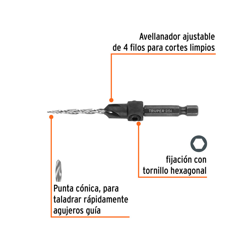 Broca avellanadora #6 para madera, 9/64', Truper