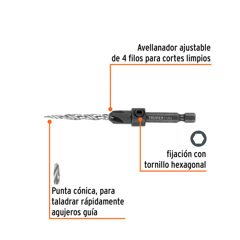 Broca avellanadora #8 para madera, 11/64', Truper