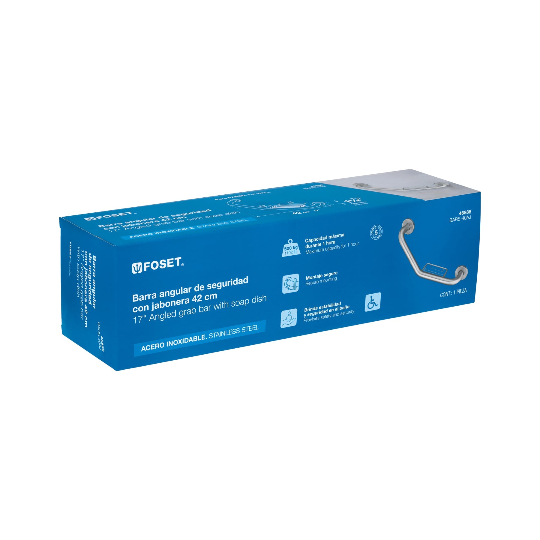 Barra angular con jabonera, acero inox, 1-1/4' x 40cm, Foset