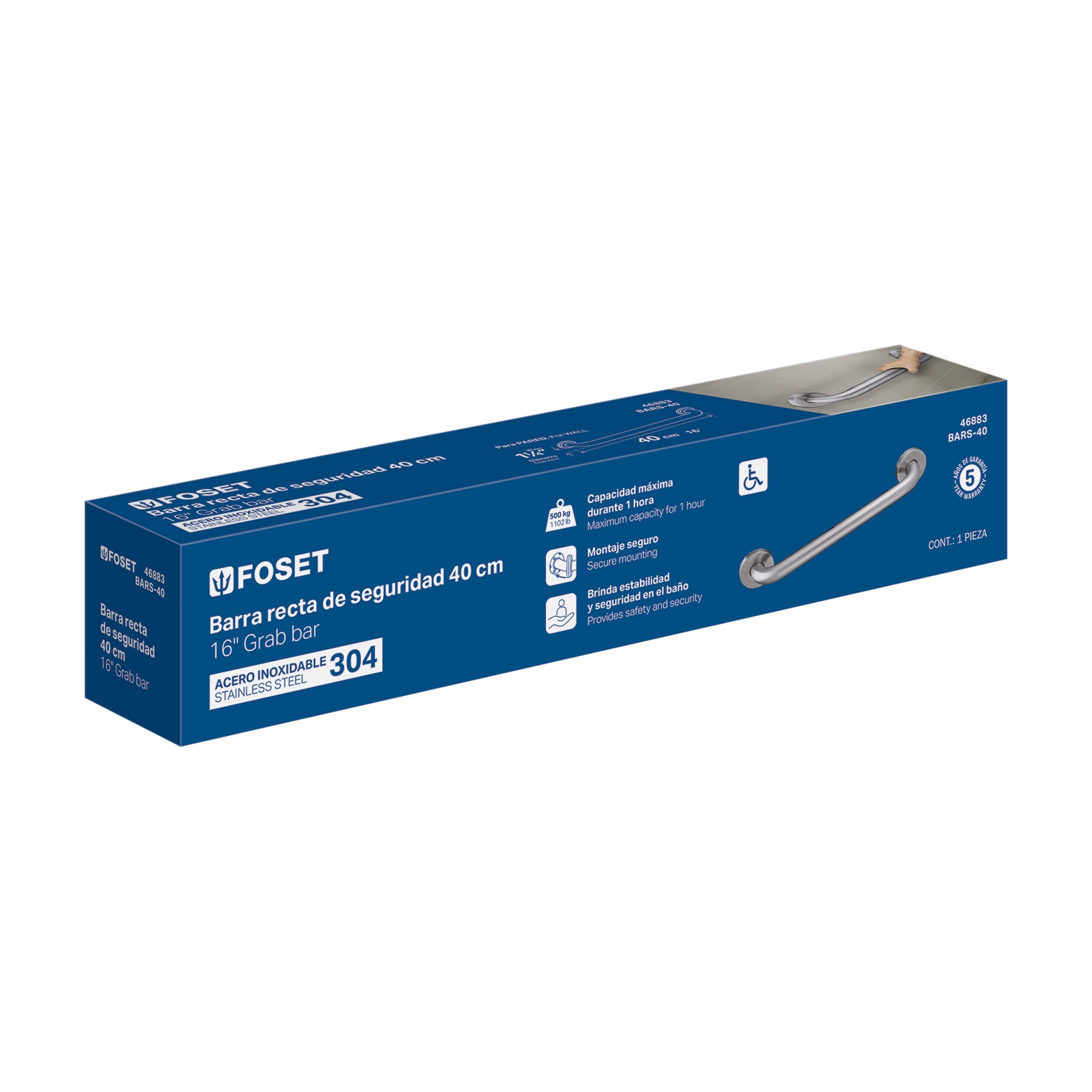 Barra recta de seguridad, acero inox, 1-1/4' x 40cm, Foset