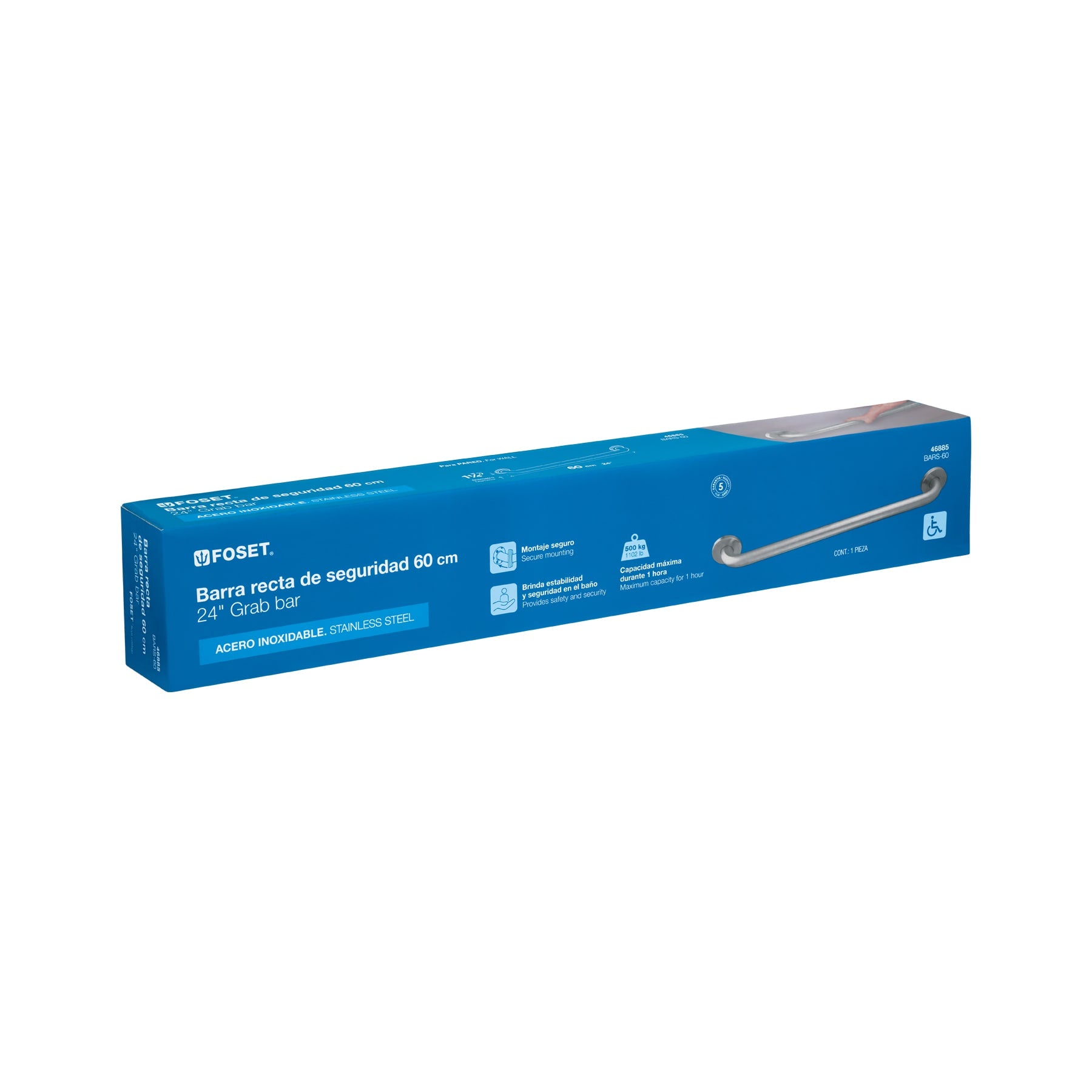 Barra recta de seguridad, acero inox, 1-1/4' x 60cm, Foset