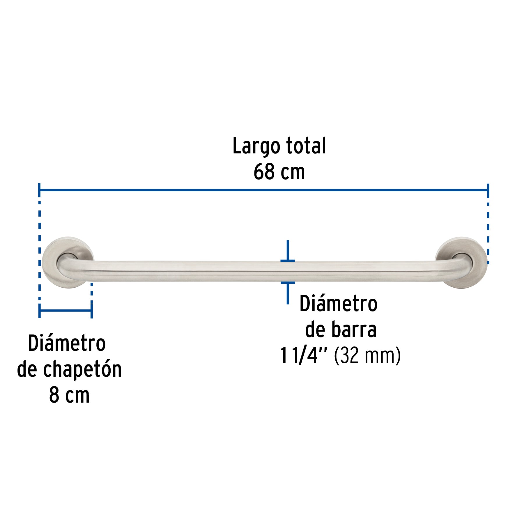 Barra recta de seguridad, acero inox, 1-1/4' x 60cm, Foset