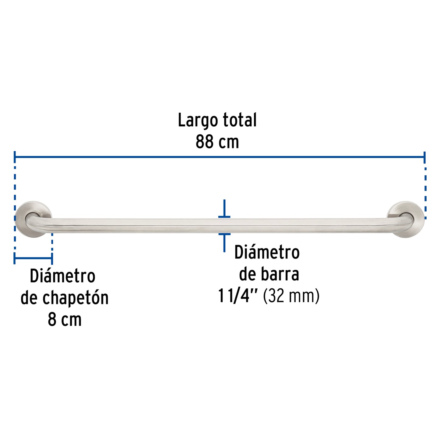 Barra recta de seguridad, acero inox, 1-1/4' x 80cm, Foset