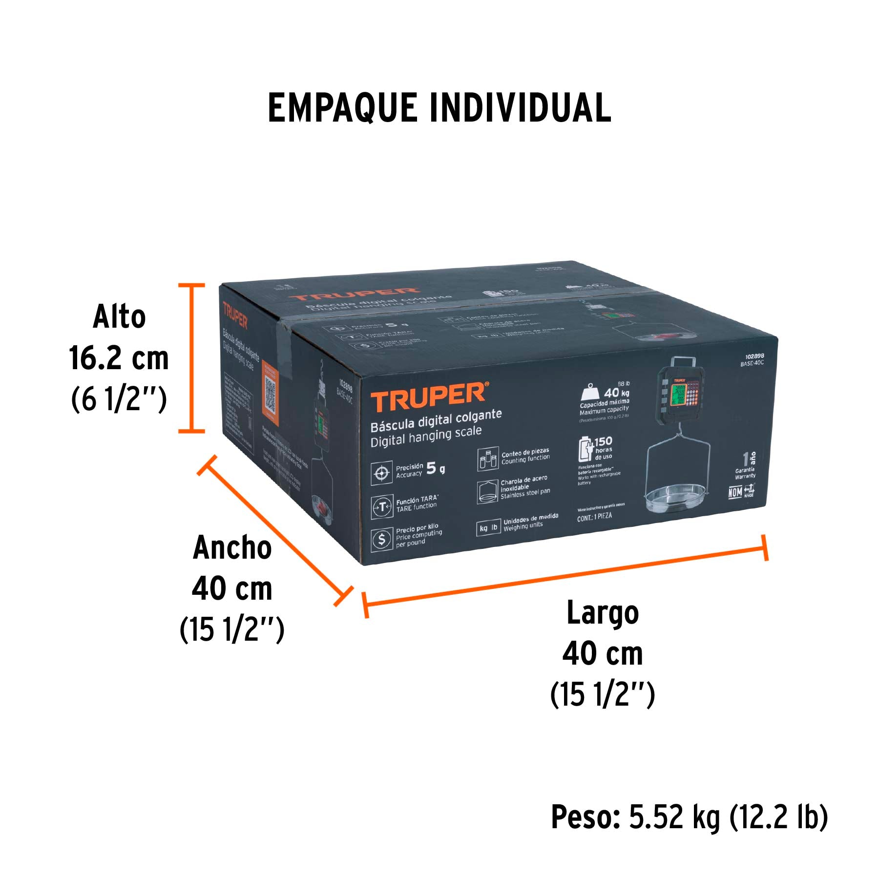 Báscula electrónica colgante, recargable, c/charola, 40 kg