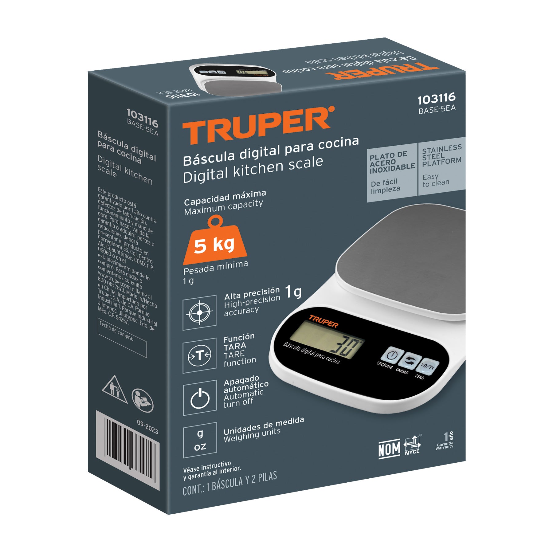 Báscula digital para cocina, plato de acero inox,5kg, Truper