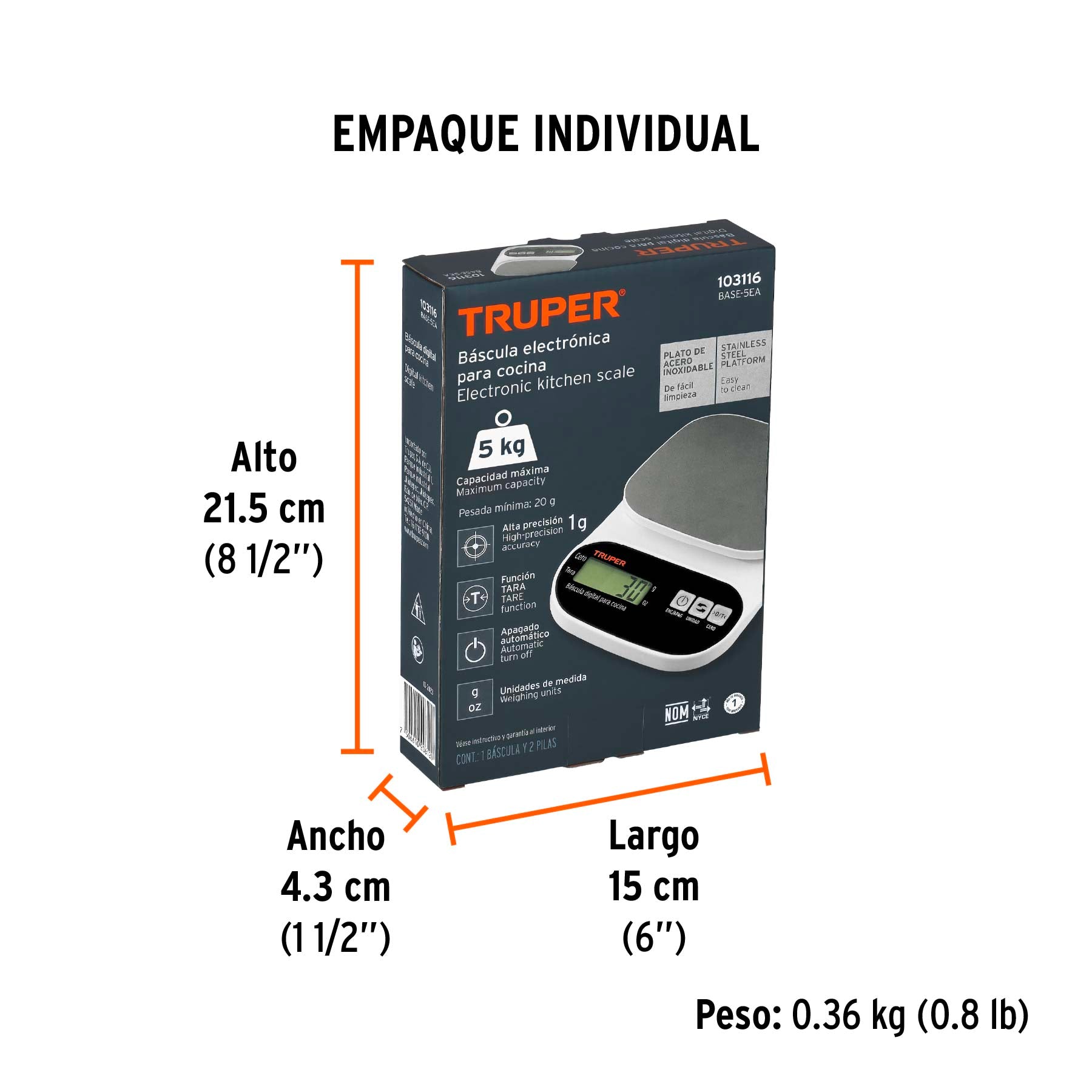Báscula digital para cocina, plato de acero inox,5kg, Truper