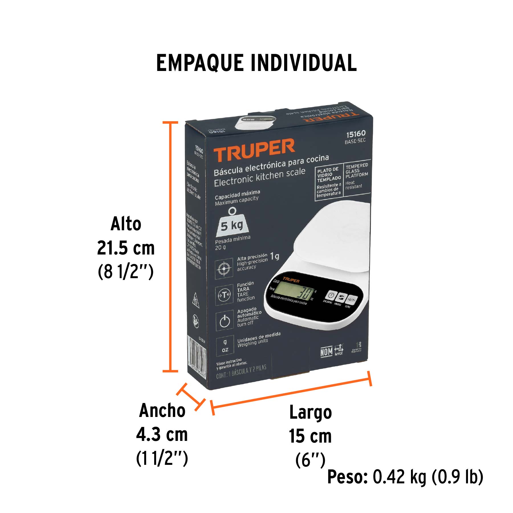 Báscula digital base de vidrio para cocina, capacidad 5kg