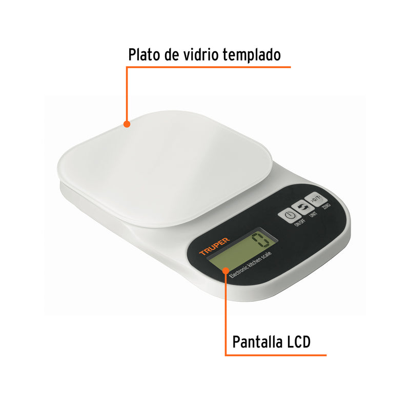 Báscula digital base de vidrio para cocina, capacidad 5kg