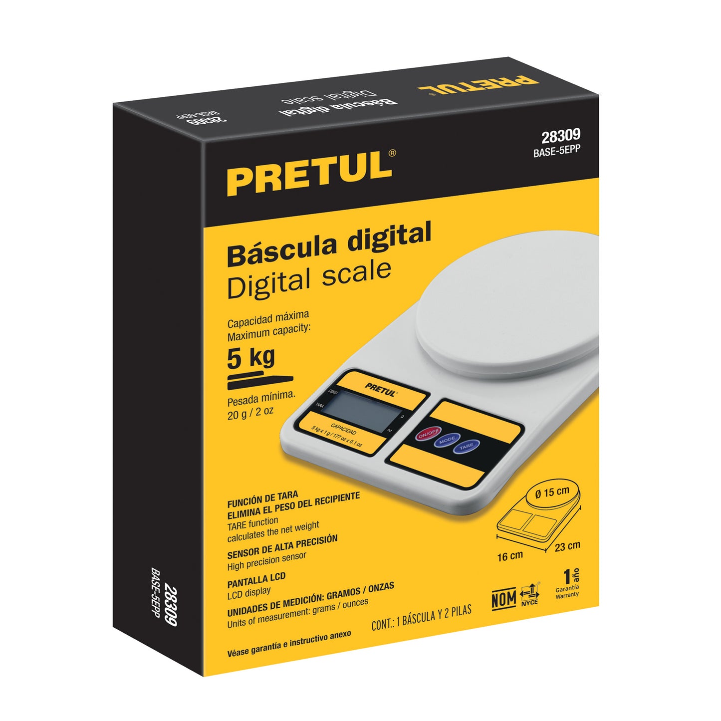 Báscula digital para cocina, plato de poliprop, 5 kg, Pretul