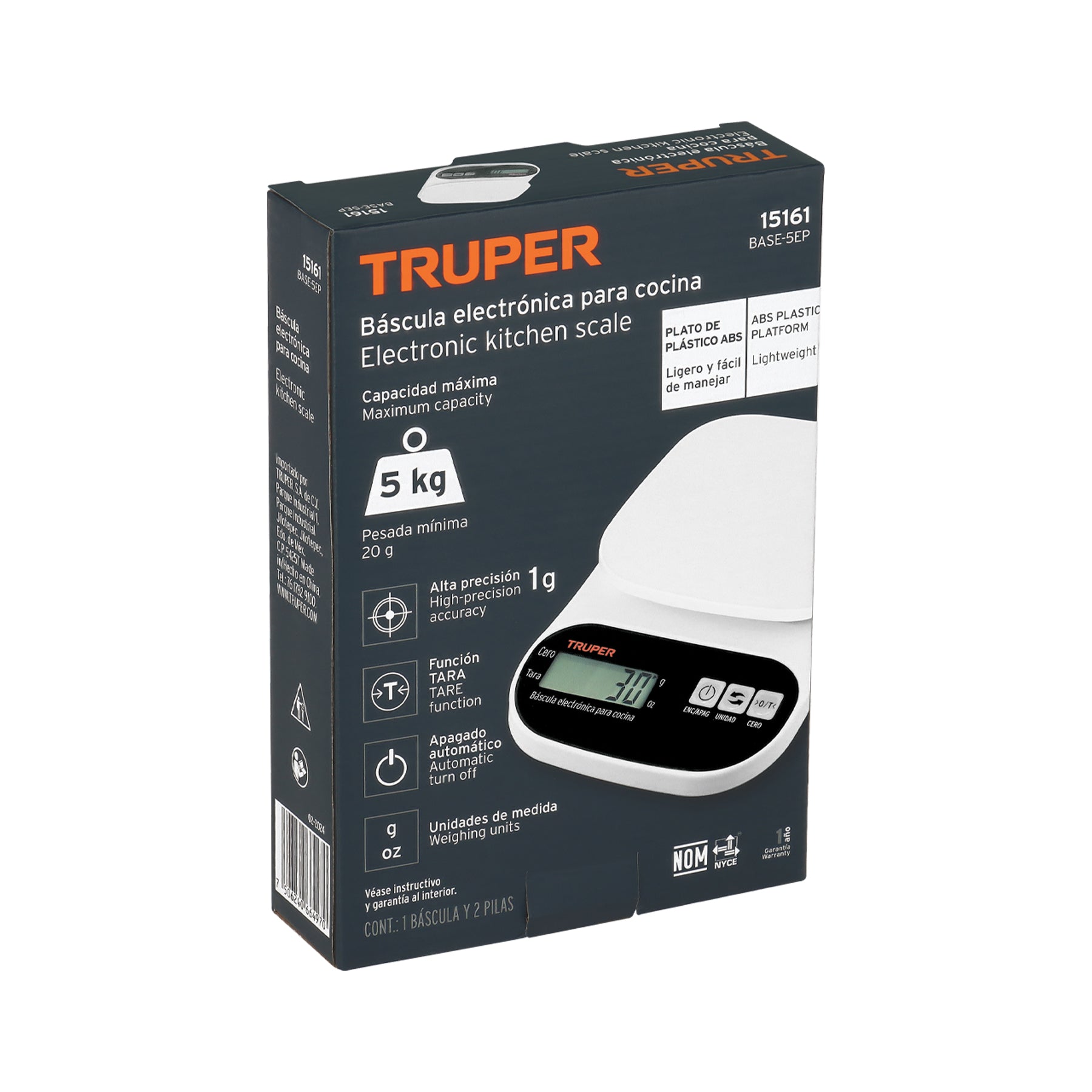 Báscula digital base plástica para cocina capacidad 5kg