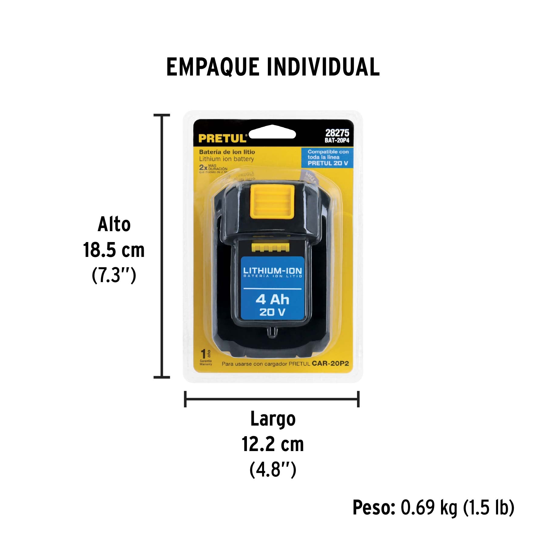 Batería ión Litio 20 V, 4 Ah, Pretul
