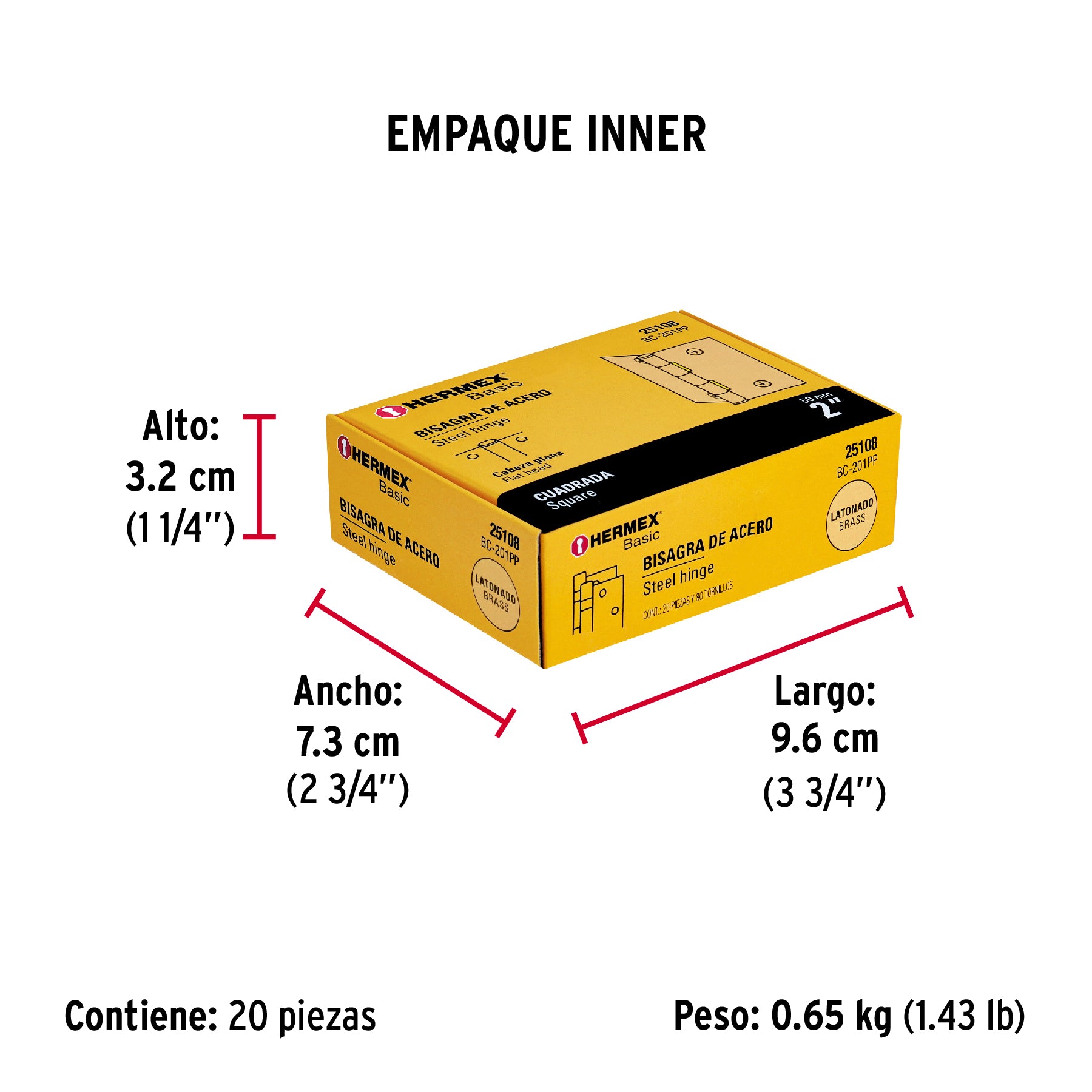 Bisagra cuadrada 2', latonado, cabeza plana, Hermex Basic
