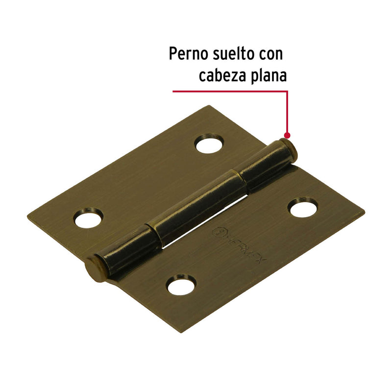 Bisagra cuadrada 2", acero latonado antiguo, plana