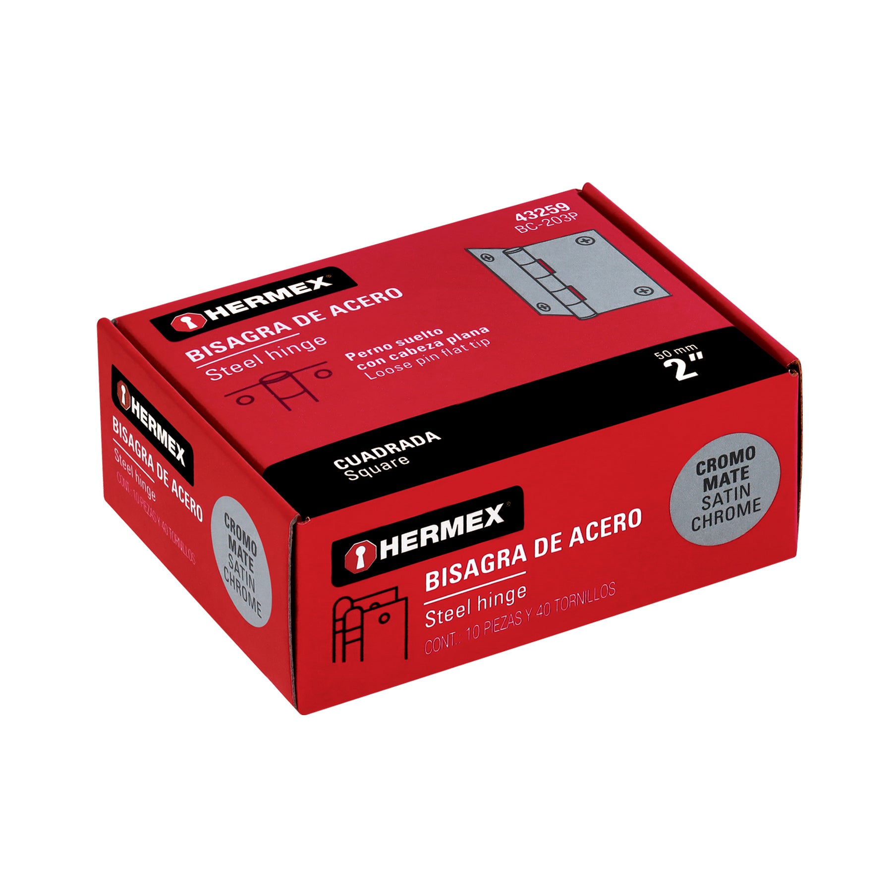 Bisagra cuadrada 2", acero cromo mate, plana