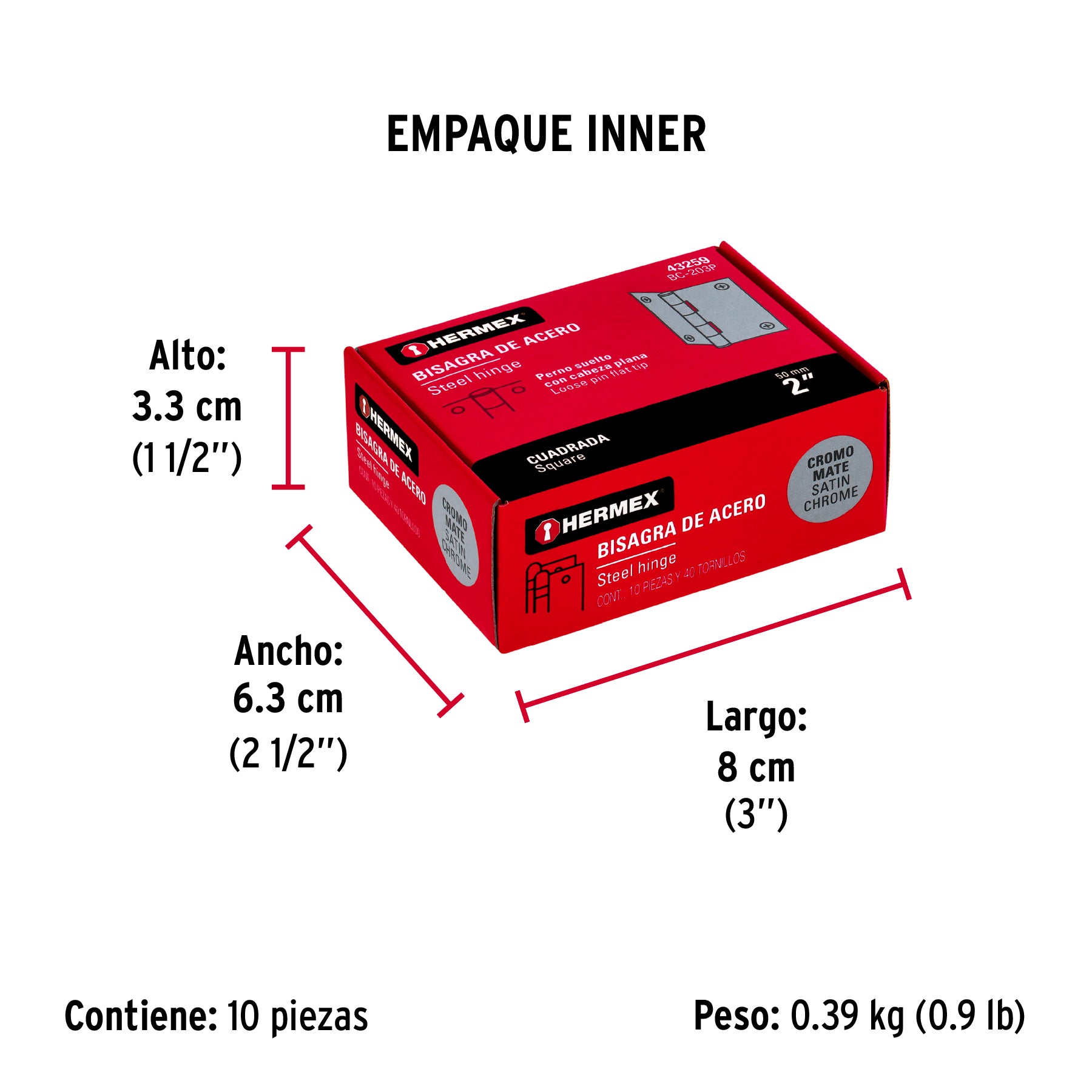 Bisagra cuadrada 2", acero cromo mate, plana
