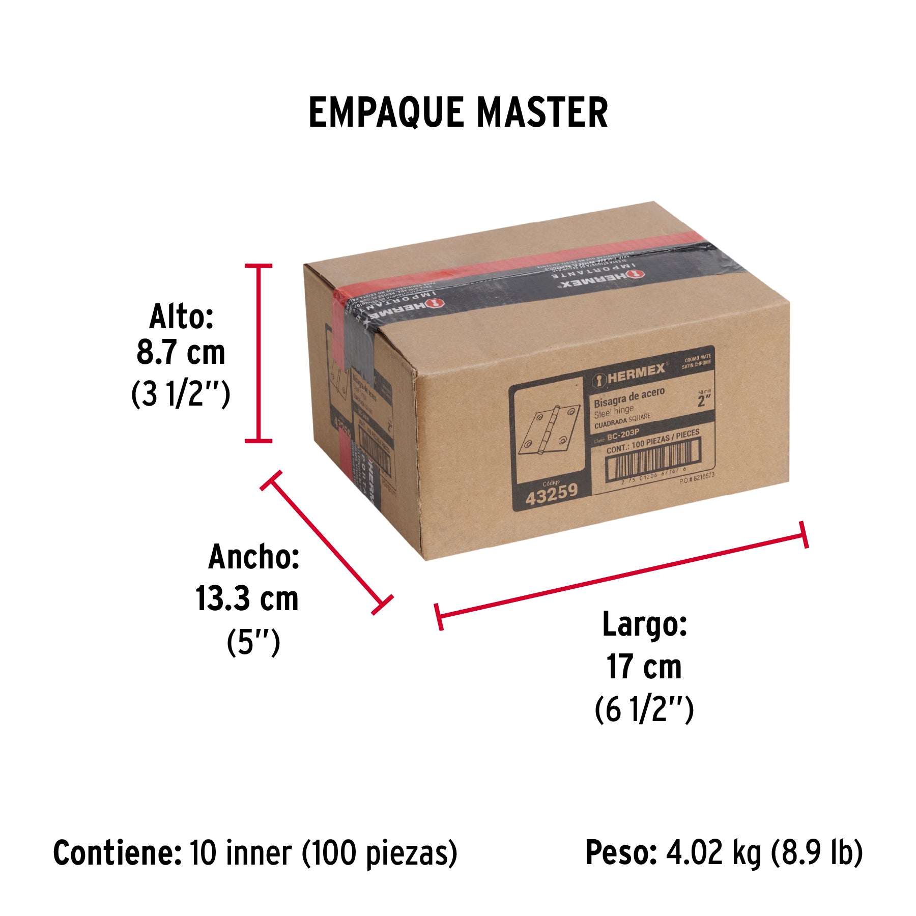 Bisagra cuadrada 2", acero cromo mate, plana