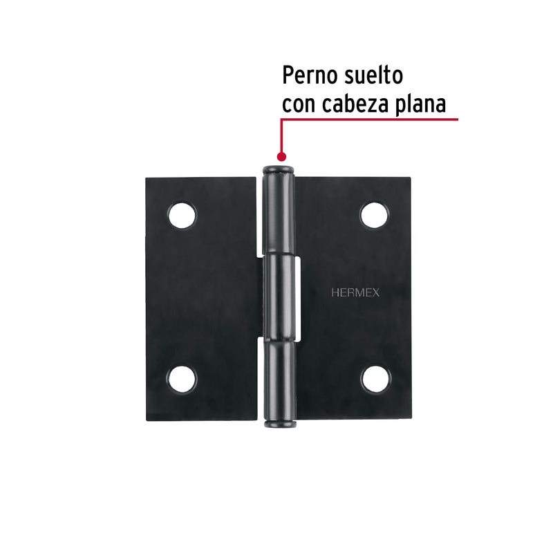Bisagra cuadrada 2", acero negro mate, cabeza plana, HERMEX