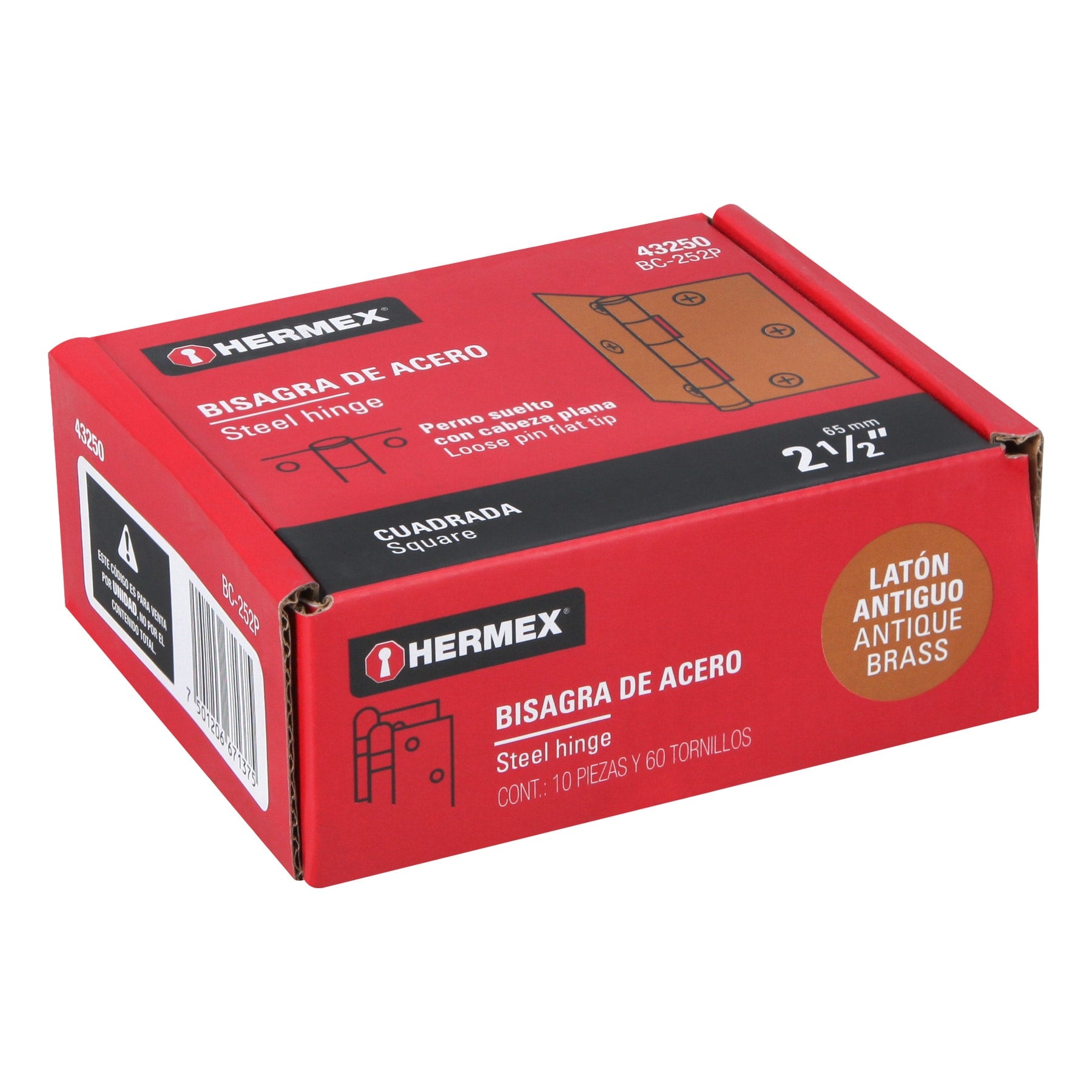 Bisagra cuadrada 2-1/2", acero latonado antiguo, plana