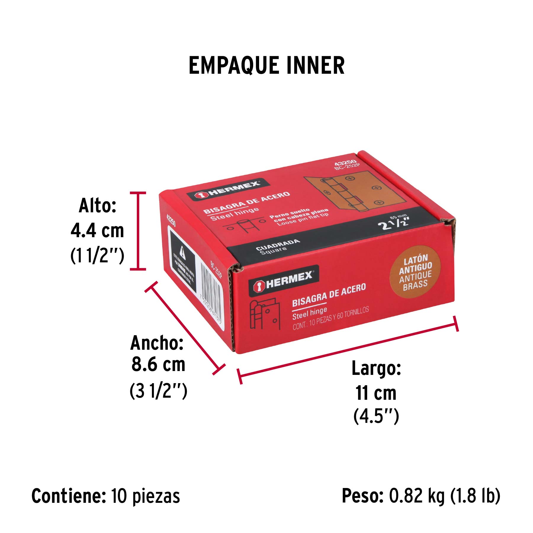 Bisagra cuadrada 2-1/2", acero latonado antiguo, plana