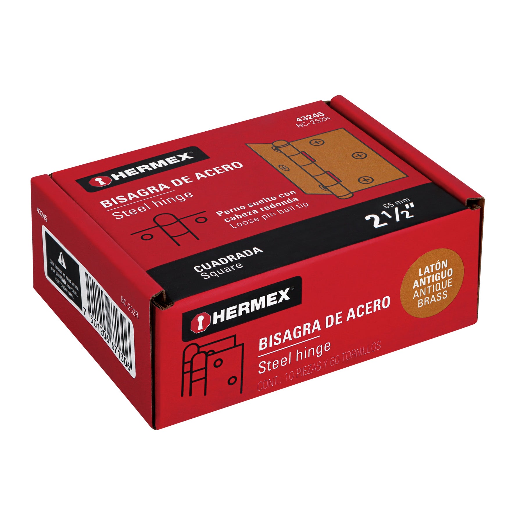 Bisagra cuadrada 2-1/2", acero latonado antiguo, redonda