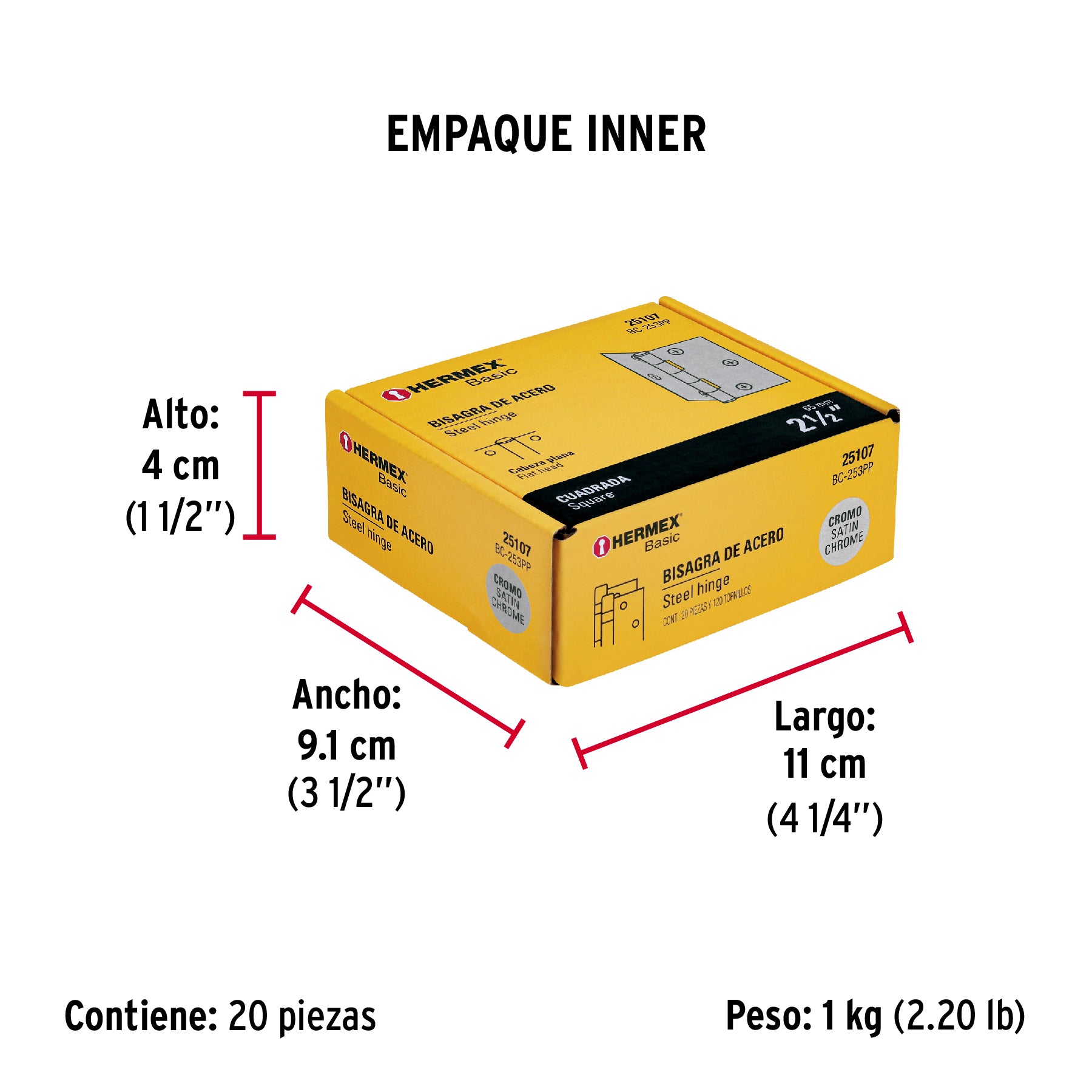 Bisagra cuadrada 2-1/2', satinado, cabeza plana, Basic