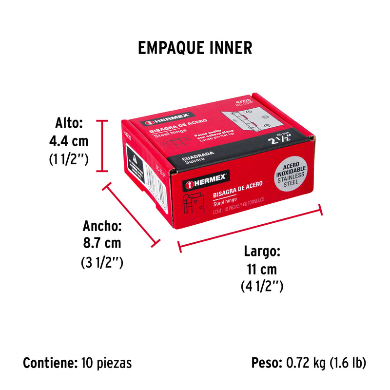 Bisagra cuadrada 2-1/2", acero inoxidable, plana