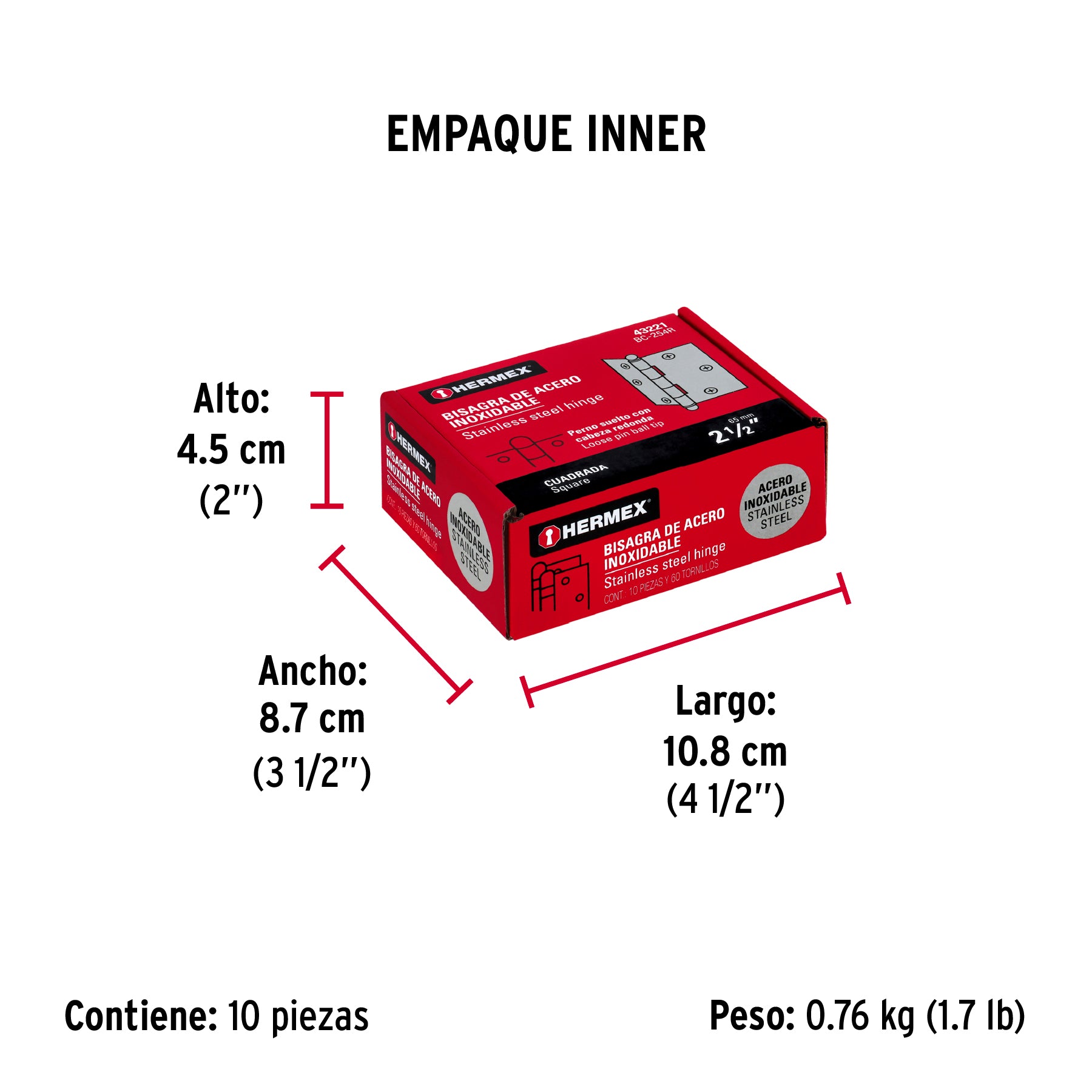 Bisagra cuadrada 2-1/2", acero inoxidable, redonda