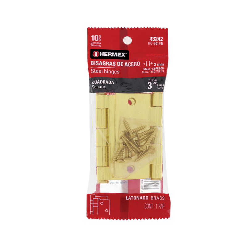 Bisagras cuadradas 3", acero latonado, plana, blíster 2