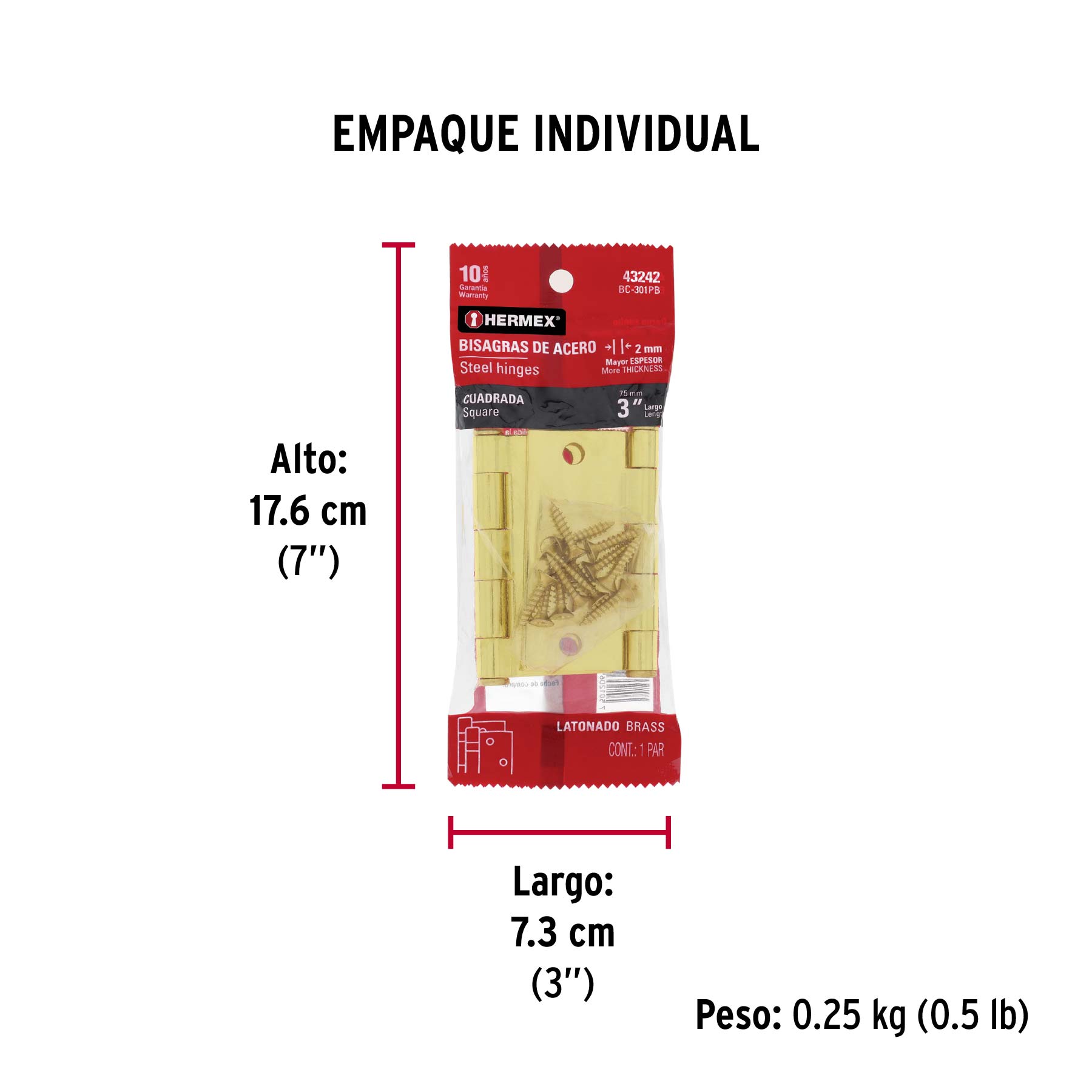 Bisagras cuadradas 3", acero latonado, plana, blíster 2