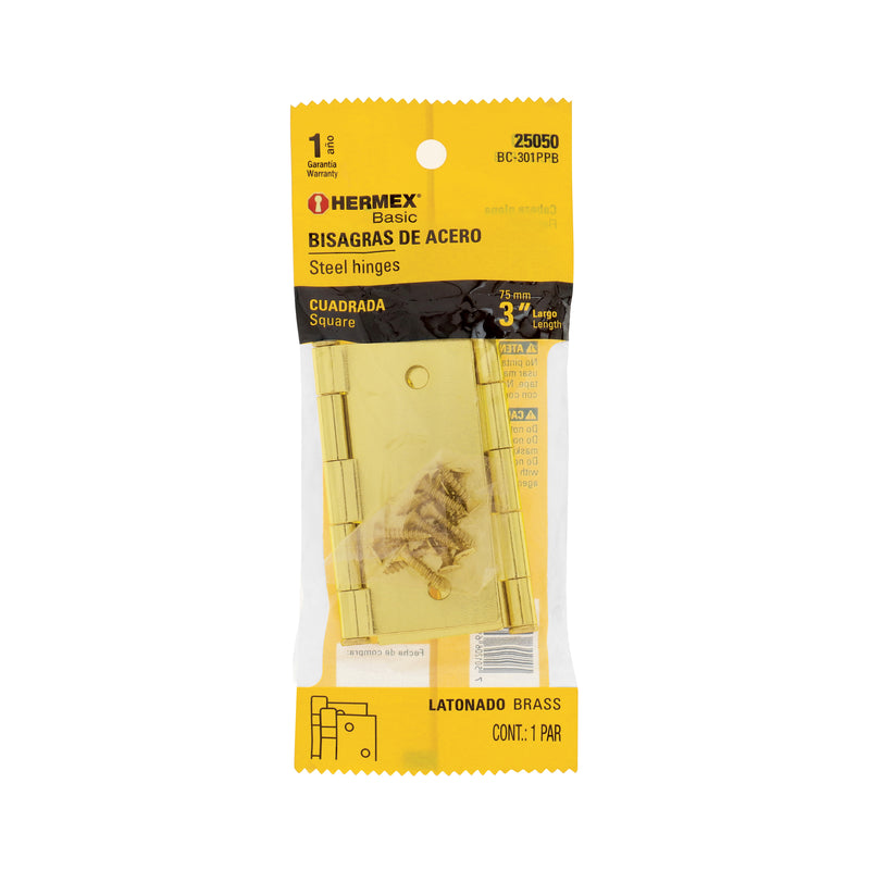 Bisagra cuadrada 3", acero latonado, blíster 2, Hermex Basic