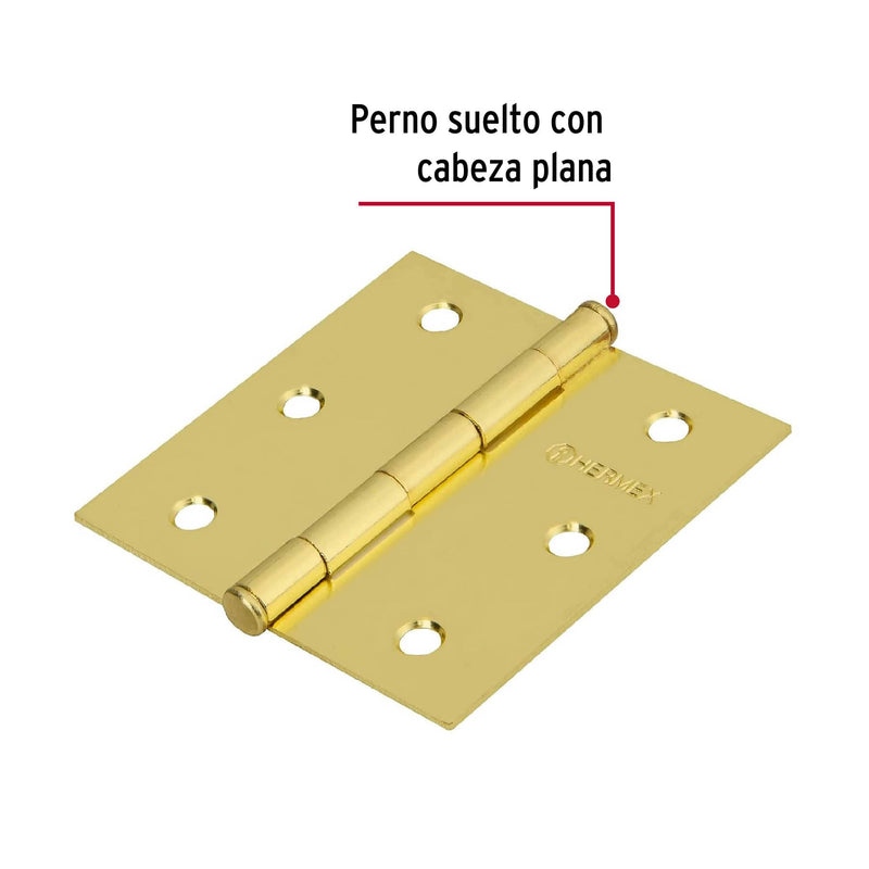 Bisagra cuadrada 3", acero latonado, blíster 2, Hermex Basic