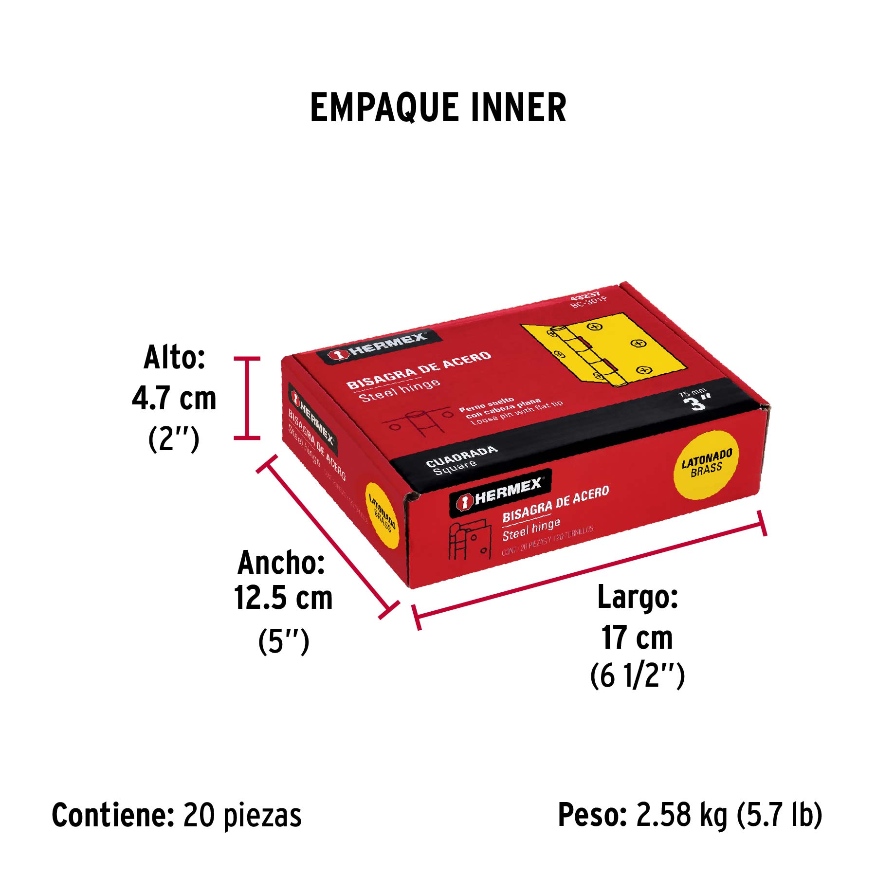 Bisagra cuadrada 3", acero latonado, plana