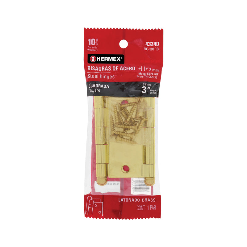 Bisagras cuadradas 3", acero latonado, redonda ,blíster 2