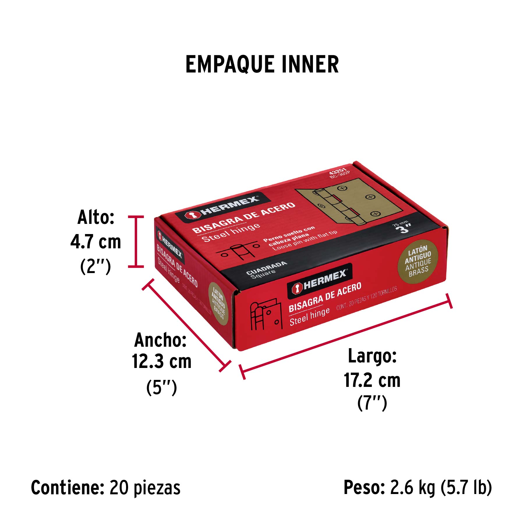 Bisagra cuadrada 3", acero latonado antiguo, plana